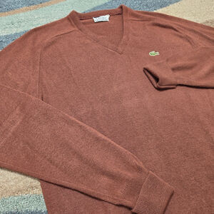 Vintage Lacoste Izod Brown V Neck Sweater Men Size L Acrylic Knit Croc Logo